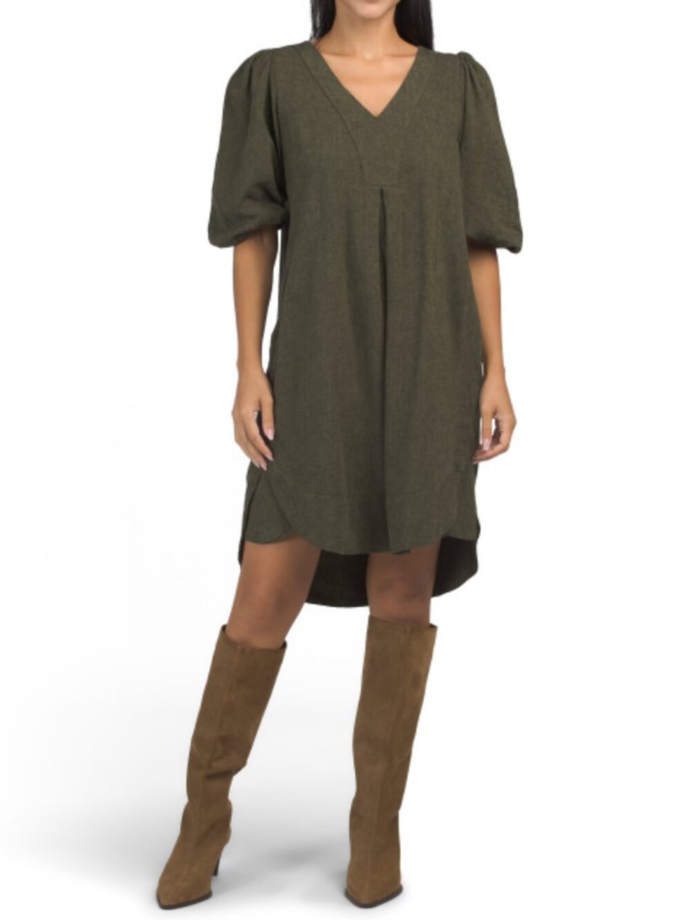 Olive/Black Linen Blend Puff Sleeve Mini Dress